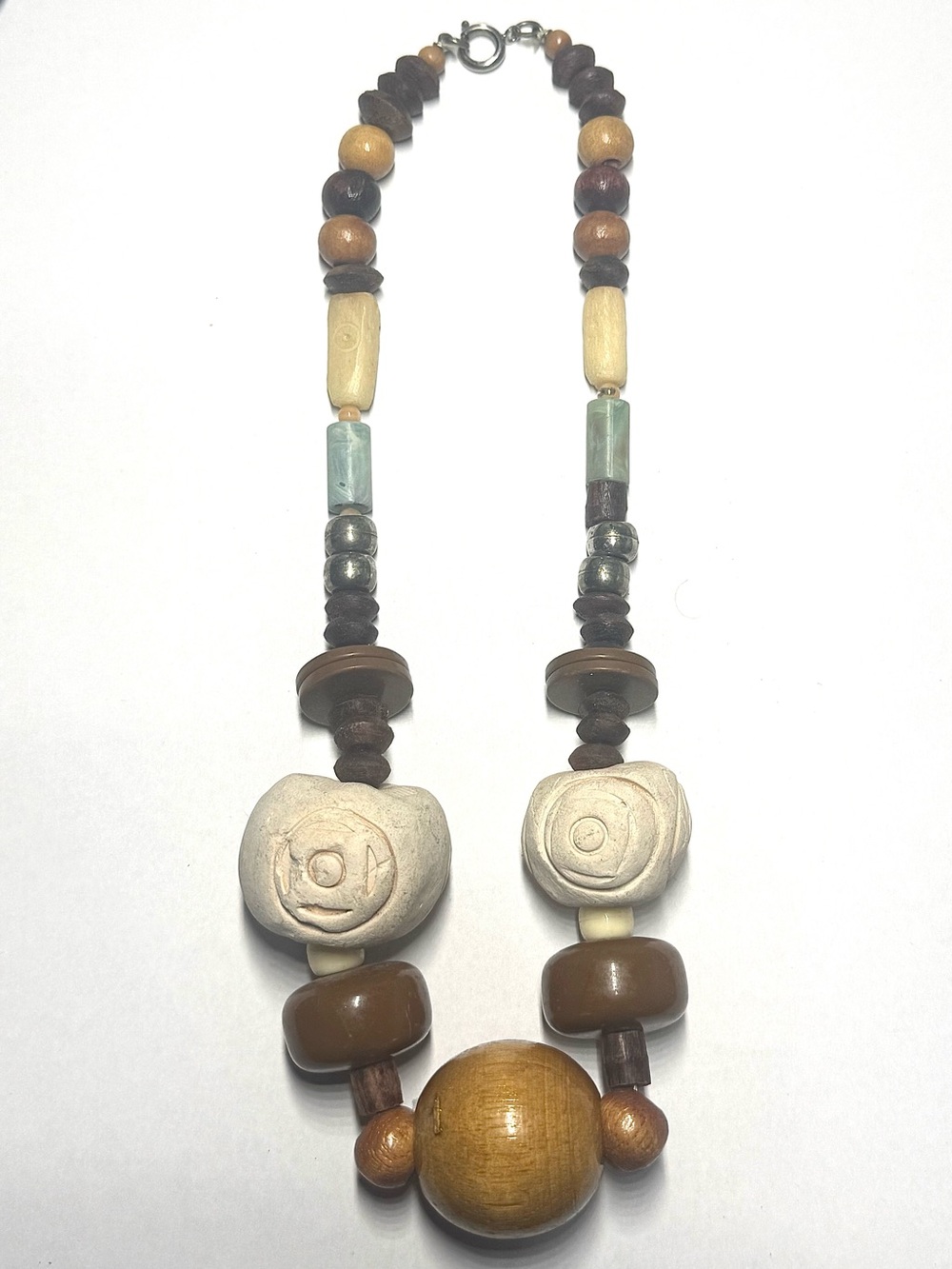 Vintage Boho Chunky Clay Wood Beaded Necklace Tribal Statement Handmade 70s Art